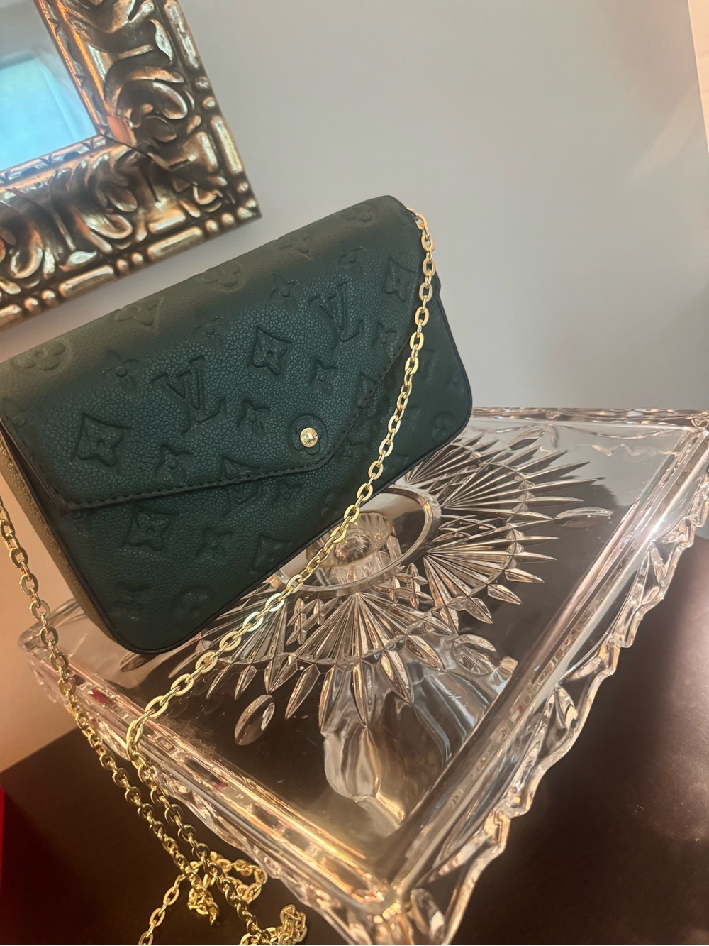 Forest Green Monogram Chain Crossbody with card holder and zippered long pouch